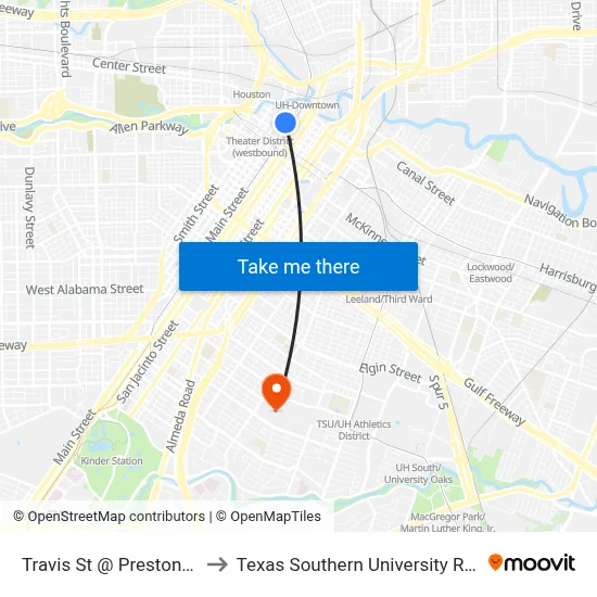 Travis St @ Preston St to Texas Southern University REC map