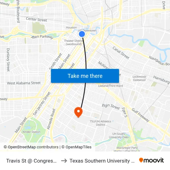 Travis St @ Congress St to Texas Southern University REC map