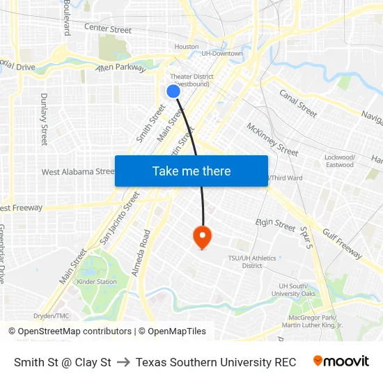 Smith St @ Clay St to Texas Southern University REC map
