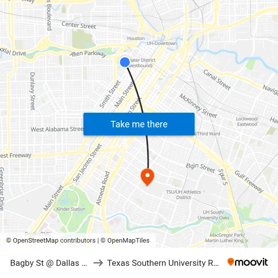 Bagby St @ Dallas St to Texas Southern University REC map
