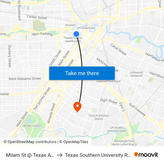 Milam St @ Texas Ave to Texas Southern University REC map