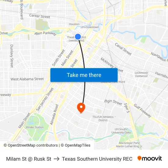 Milam St @ Rusk St to Texas Southern University REC map