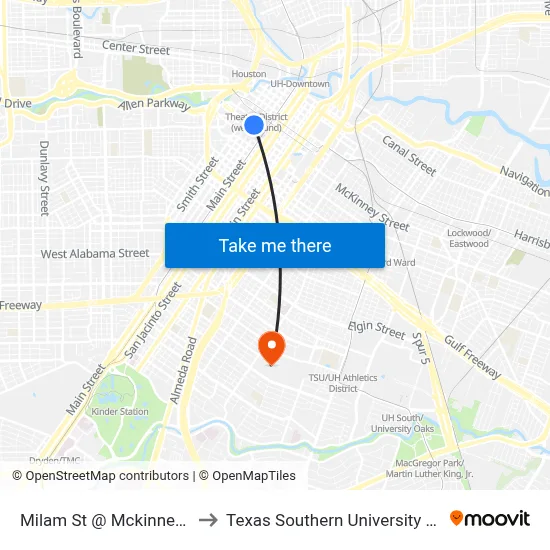 Milam St @ Mckinney St to Texas Southern University REC map