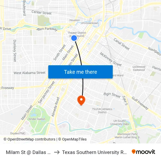 Milam St @ Dallas St to Texas Southern University REC map