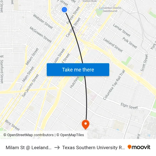 Milam St @ Leeland St to Texas Southern University REC map
