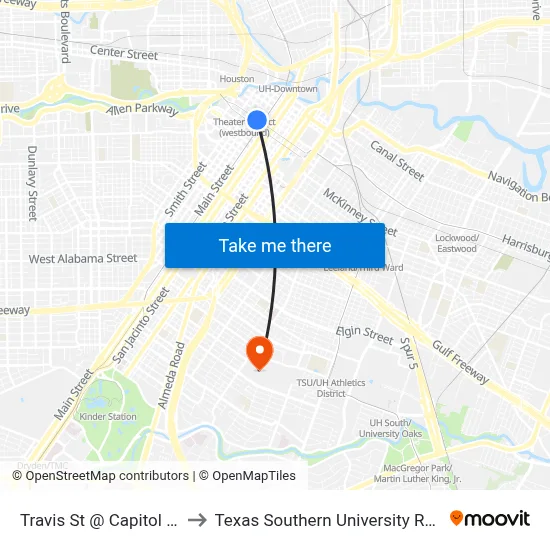 Travis St @ Capitol St to Texas Southern University REC map