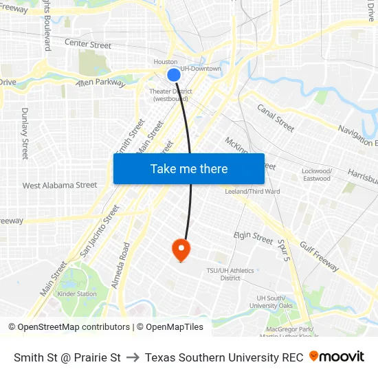 Smith St @ Prairie St to Texas Southern University REC map