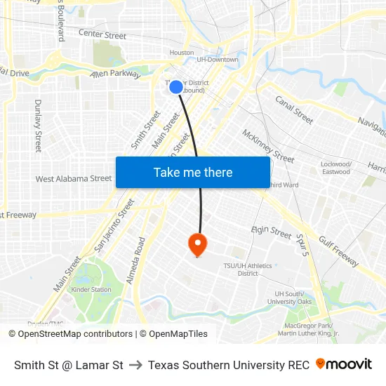 Smith St @ Lamar St to Texas Southern University REC map