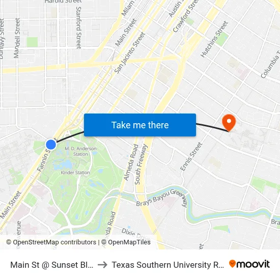 Main St @ Sunset Blvd to Texas Southern University REC map