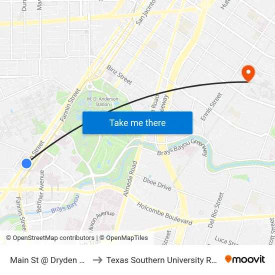 Main St @ Dryden Rd to Texas Southern University REC map