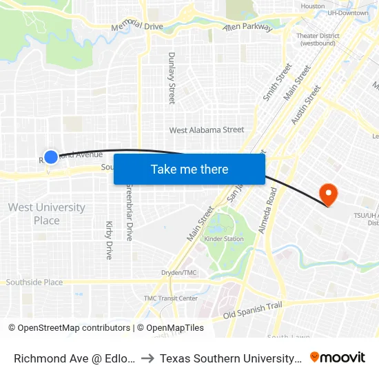 Richmond Ave @ Edloe St to Texas Southern University REC map