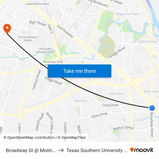Broadway St @ Moline St to Texas Southern University REC map