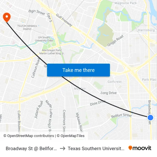 Broadway St @ Bellfort Ave to Texas Southern University REC map