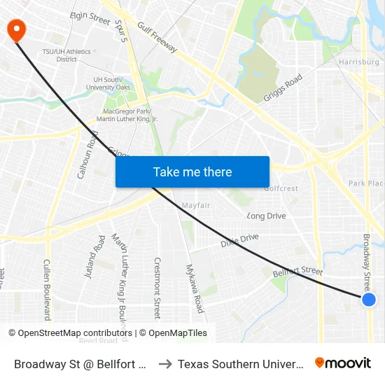 Broadway St @ Bellfort Ave Mb2 to Texas Southern University REC map