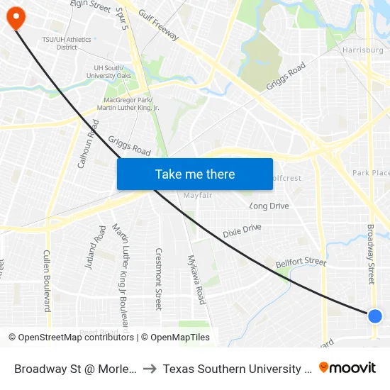 Broadway St @ Morley St to Texas Southern University REC map