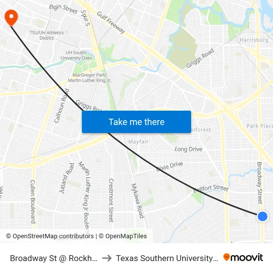 Broadway St @ Rockhill St to Texas Southern University REC map