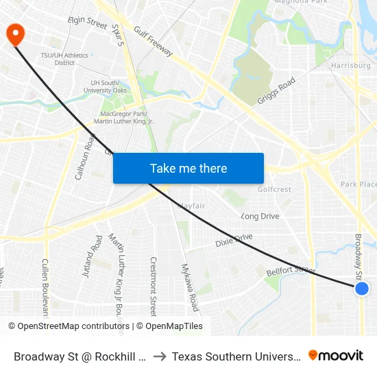 Broadway St @ Rockhill St Mb2 to Texas Southern University REC map