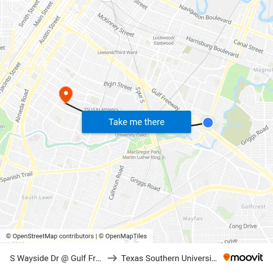 S Wayside Dr @ Gulf Freeway to Texas Southern University REC map