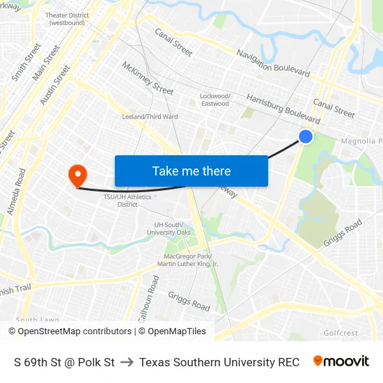 S 69th St @ Polk St to Texas Southern University REC map