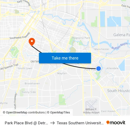 Park Place Blvd @ Detroit St to Texas Southern University REC map