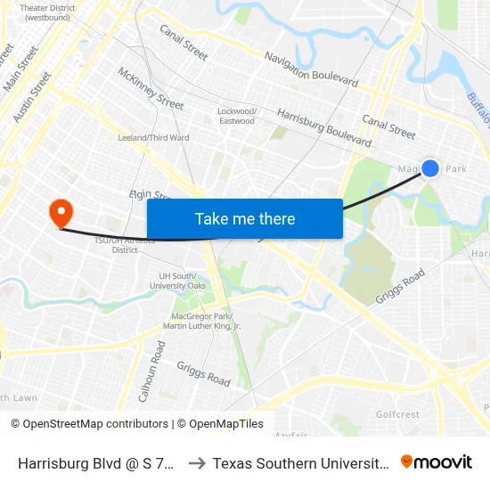 Harrisburg Blvd @ S 75th St to Texas Southern University REC map