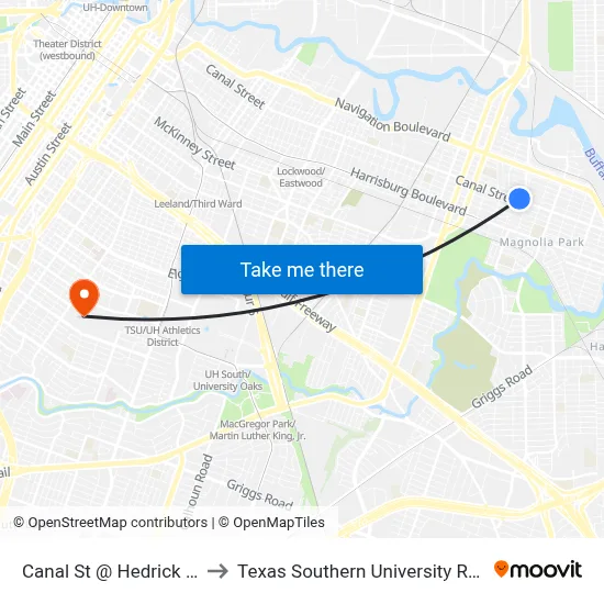 Canal St @ Hedrick St to Texas Southern University REC map