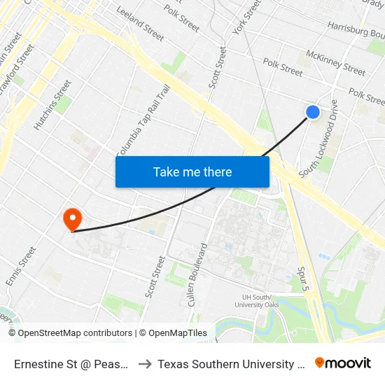 Ernestine St @ Pease St to Texas Southern University REC map
