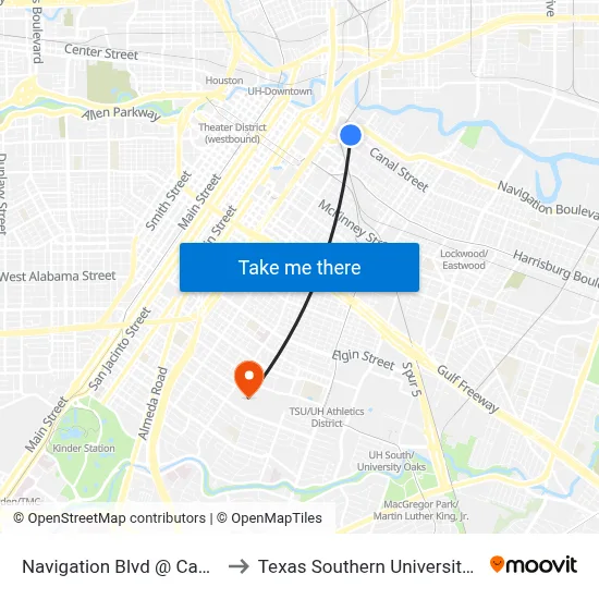Navigation Blvd @ Canal St to Texas Southern University REC map