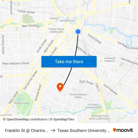 Franklin St @ Chartres St to Texas Southern University REC map