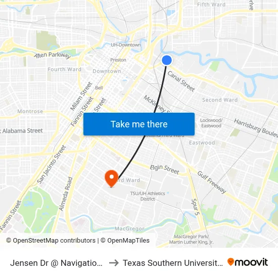 Jensen Dr @ Navigation Blvd to Texas Southern University REC map
