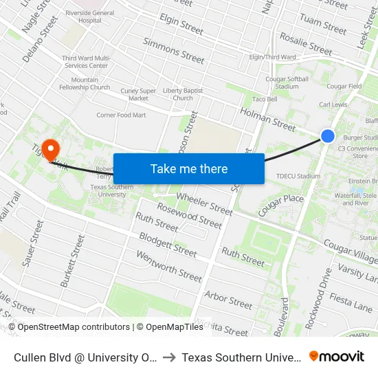 Cullen Blvd @ University Of Houston to Texas Southern University REC map