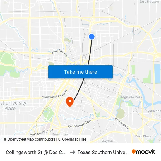 Collingsworth St @ Des Chaumes St to Texas Southern University REC map