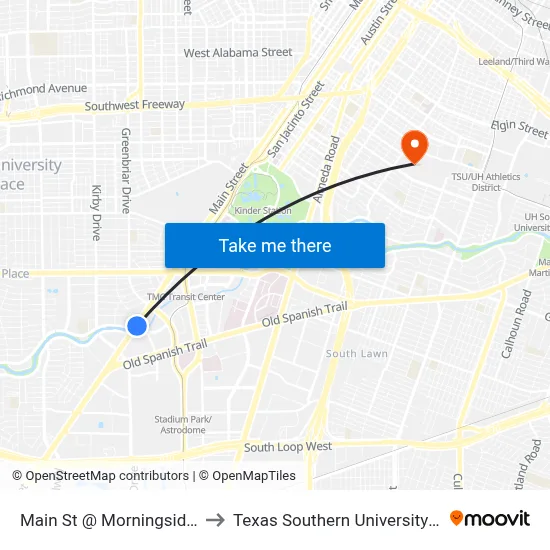 Main St @ Morningside Dr to Texas Southern University REC map