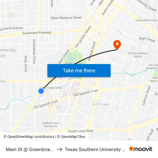 Main St @ Greenbriar Dr to Texas Southern University REC map