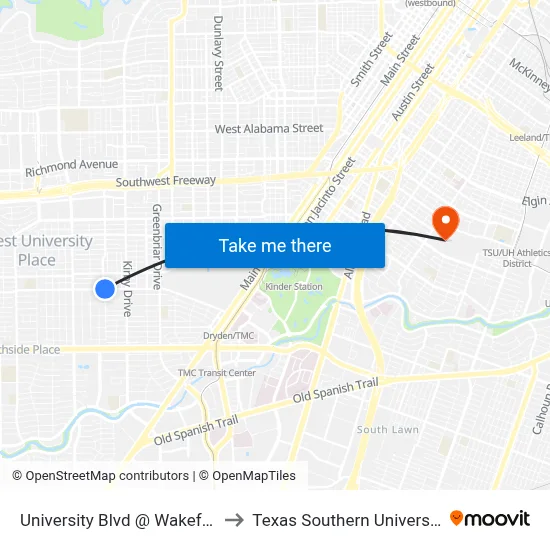 University Blvd @ Wakeforest St to Texas Southern University REC map