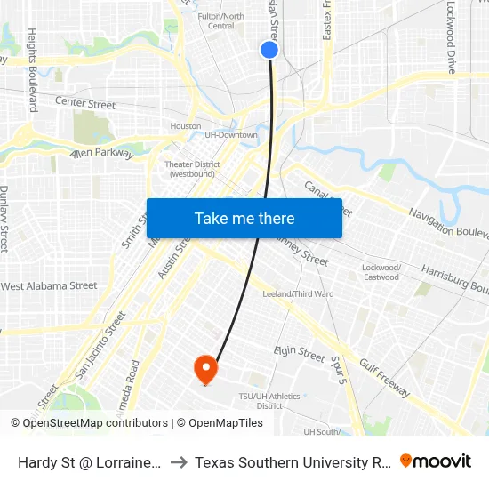 Hardy St @ Lorraine St to Texas Southern University REC map