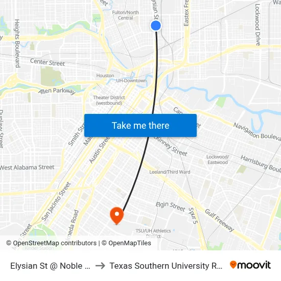 Elysian St @ Noble St to Texas Southern University REC map