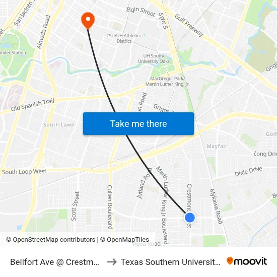 Bellfort Ave @ Crestmont St to Texas Southern University REC map