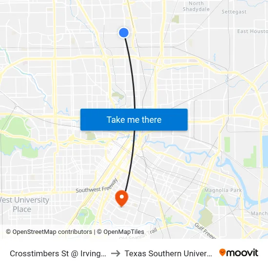 Crosstimbers St @ Irvington Blvd to Texas Southern University REC map