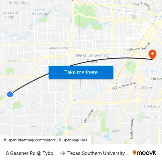 S Gessner Rd @ Tybor Dr to Texas Southern University REC map