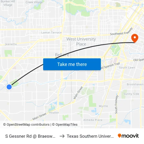 S Gessner Rd @ Braeswood Blvd to Texas Southern University REC map