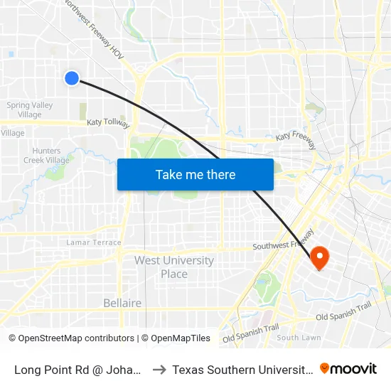Long Point Rd @ Johanna Dr to Texas Southern University REC map