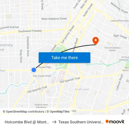Holcombe Blvd @ Montclair Dr to Texas Southern University REC map