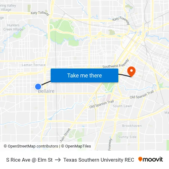 S Rice Ave @ Elm St to Texas Southern University REC map