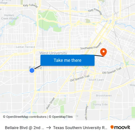 Bellaire Blvd @ 2nd St to Texas Southern University REC map