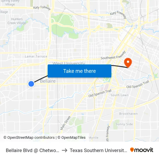Bellaire Blvd @ Chetwood Dr to Texas Southern University REC map