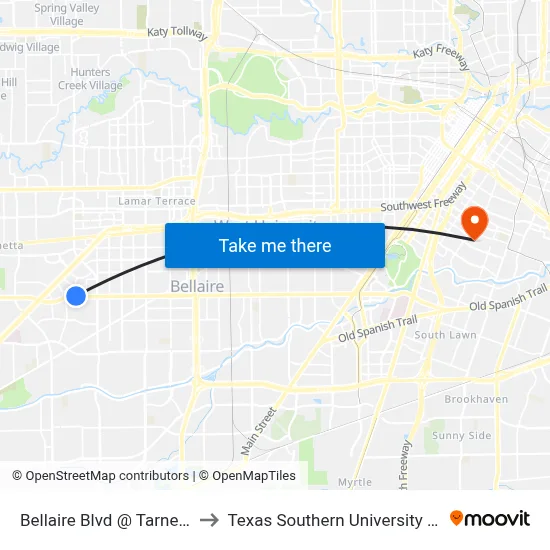 Bellaire Blvd @ Tarnef Dr to Texas Southern University REC map