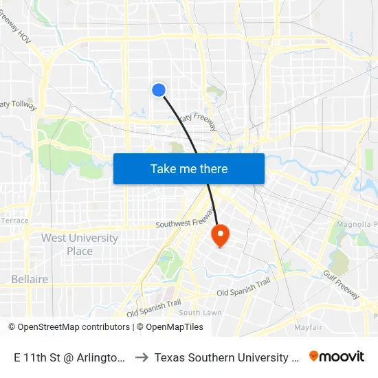 E 11th St @ Arlington St to Texas Southern University REC map