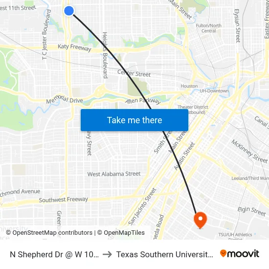 N Shepherd Dr @ W 10th St to Texas Southern University REC map