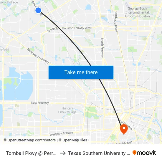 Tomball Pkwy @ Perry Rd to Texas Southern University REC map